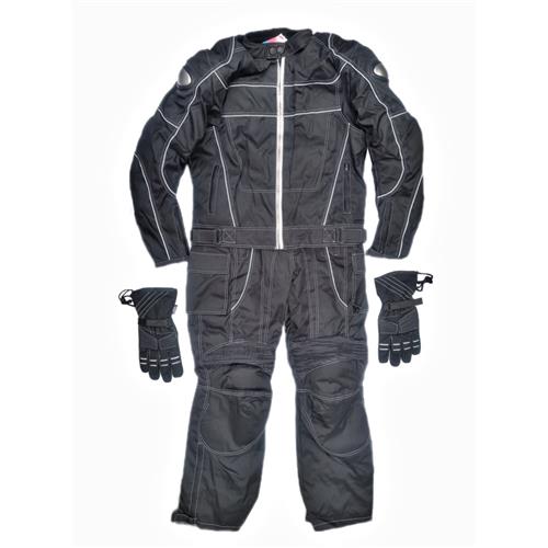 CONJUNTO JAQUETA / CALÇA / LUVAS P/ MOTOCICLISTA -PRETO COM DETALHES REFLETIVOS E TECIDO IMPERMEÁVEL - TAMANHO L