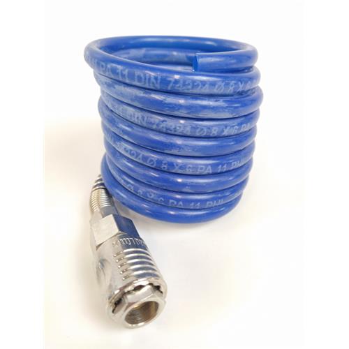 MANGUEIRA PNEUMÁTICA ESPIRAL 1.5 METRO 8x6mm AZUL C/ CONEXÃO EUROLINE FÊMEA