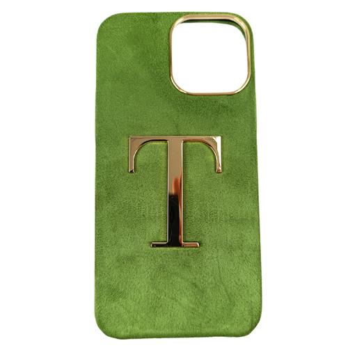 CAPA DE VELUDO PARA IPHONE 12 13 14 15 COM LETRA T COR VERDE