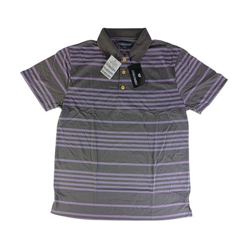 CAMISA POLO MASCULINA 100% POLIÉSTER ESTAMPA CINZA CHUMBO COM LISTRAS ROXAS TAMANHO: P