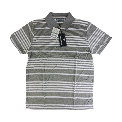 CAMISA POLO MASCULINA 100% POLIÉSTER CINZA MESCLA COM LISTRAS BRANCAS E CINZA CLARO TAMANHO: P