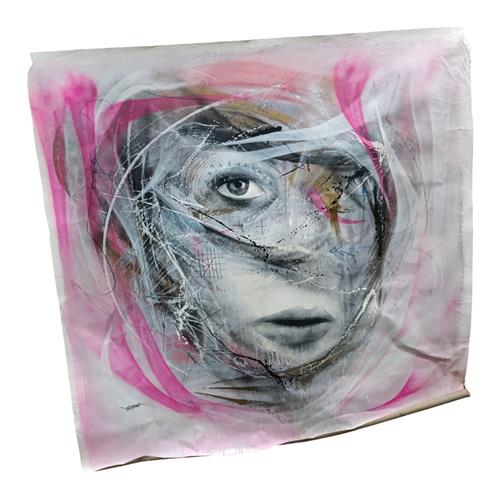OBRA DE ARTE ORIGINAL CONTEMPORÂNEA ROSTO FEMININO FRAGMENTADO COM OLHO EM DESTAQUE EM TONS ROSA