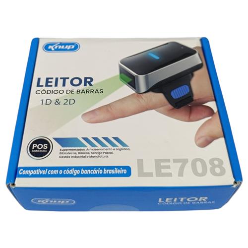 LEITOR DE CÓDIGO DE BARRAS KNUP KP-LE708 1D/2D DE DEDO, USB, COMPATÍVEL COM CÓDIGO BANCÁRIO