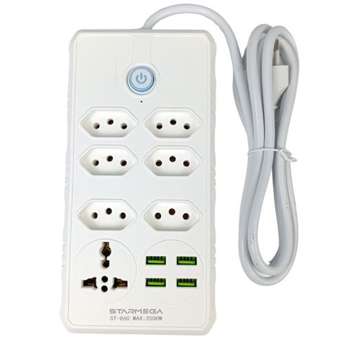 FILTRO DE LINHA STARMEGA 10A 2500W 7 TOMADAS - 4 USB 2,1A - CABO 1,80M