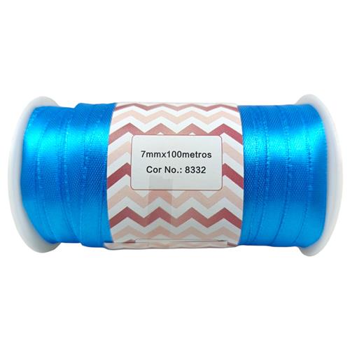 FITA DE CETIM 7MM X 100M ROLO AZUL TURQUESA