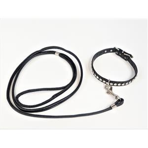CONJUNTO COLEIRA E GUIA PARA CACHORRO DE COURO SINTÉTICO C/ STRASS BRILHANTES TAMANHO 14"