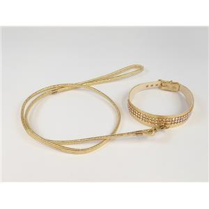 CONJUNTO COLEIRA E GUIA PARA CACHORRO DE COURO SINTÉTICO C/ STRASS BRILHANTES TAMANHO 18"