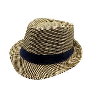 CHAPÉU PANAMÁ DE POLIESTER COR XADREZ PALHA/PRETO/MARROM  - CIRCUNFERÊNCIA 58cm