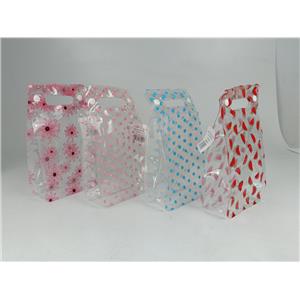 NECESSAIRE PEQUENA DE PLASTICO POLICLORETO DE VINILA TIPO SACOLA TRANSPARENTE ESTAMPA DE MELANCIA, BOLINHA AZUL, BOLINHA ROSA, FLOR(SORTIDAS)
