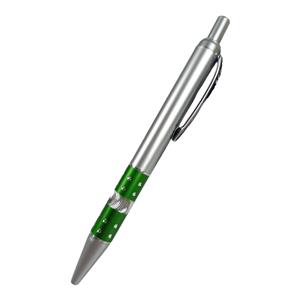 CANETA ESFEROGRÁFICA DE PLÁSTICO COM ESCRITA EM AZUL - COR PRATA C/ VERDE