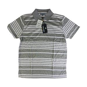 CAMISA POLO MASCULINA 100% POLIÉSTER CINZA MESCLA COM LISTRAS BRANCAS E CINZA CLARO TAMANHO: M