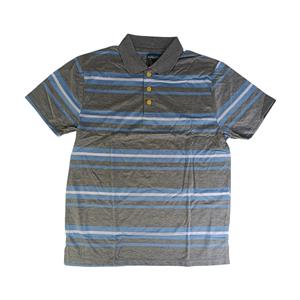 CAMISA POLO MASCULINA 100% POLIÉSTER CINZA MESCLA COM LISTRAS AZUL CLARO E CINZA-CLARO TAMANHO: G