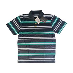 CAMISA POLO MASCULINA 100% POLIÉSTER, ESTAMPA AZUL-MARINHO COM LISTRAS BRANCAS, CINZA-CLARO E VERDE-ÁGUA TAMANHO: M