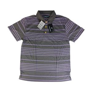 CAMISA POLO MASCULINA 100% POLIÉSTER ESTAMPA CINZA CHUMBO COM LISTRAS ROXAS TAMANHO: G