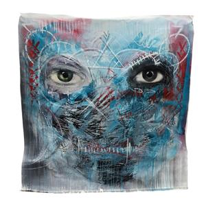 OBRA DE ARTE ORIGINAL CONTEMPORÂNEA ROSTO FEMININO EXPRESSIVO COM OLHAR INTENSO EM TONS AZUL E VERMELHO